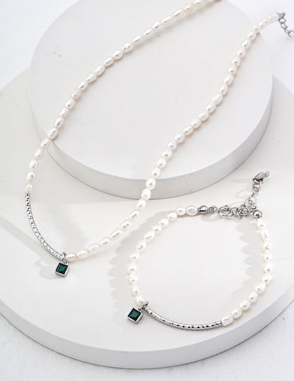 Sparkling Duo | Sterling Silver Zircon Pearl Necklace & Bracelet Set